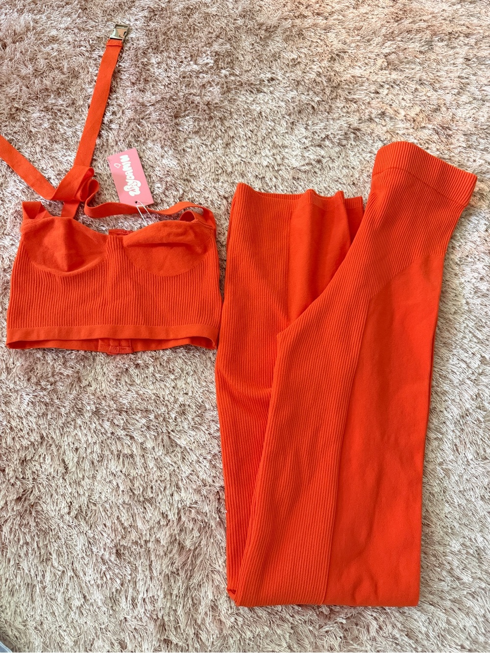 Bold Orange Ribbed Two-Piece Set - Cropped Bustier & High-Waist Pants